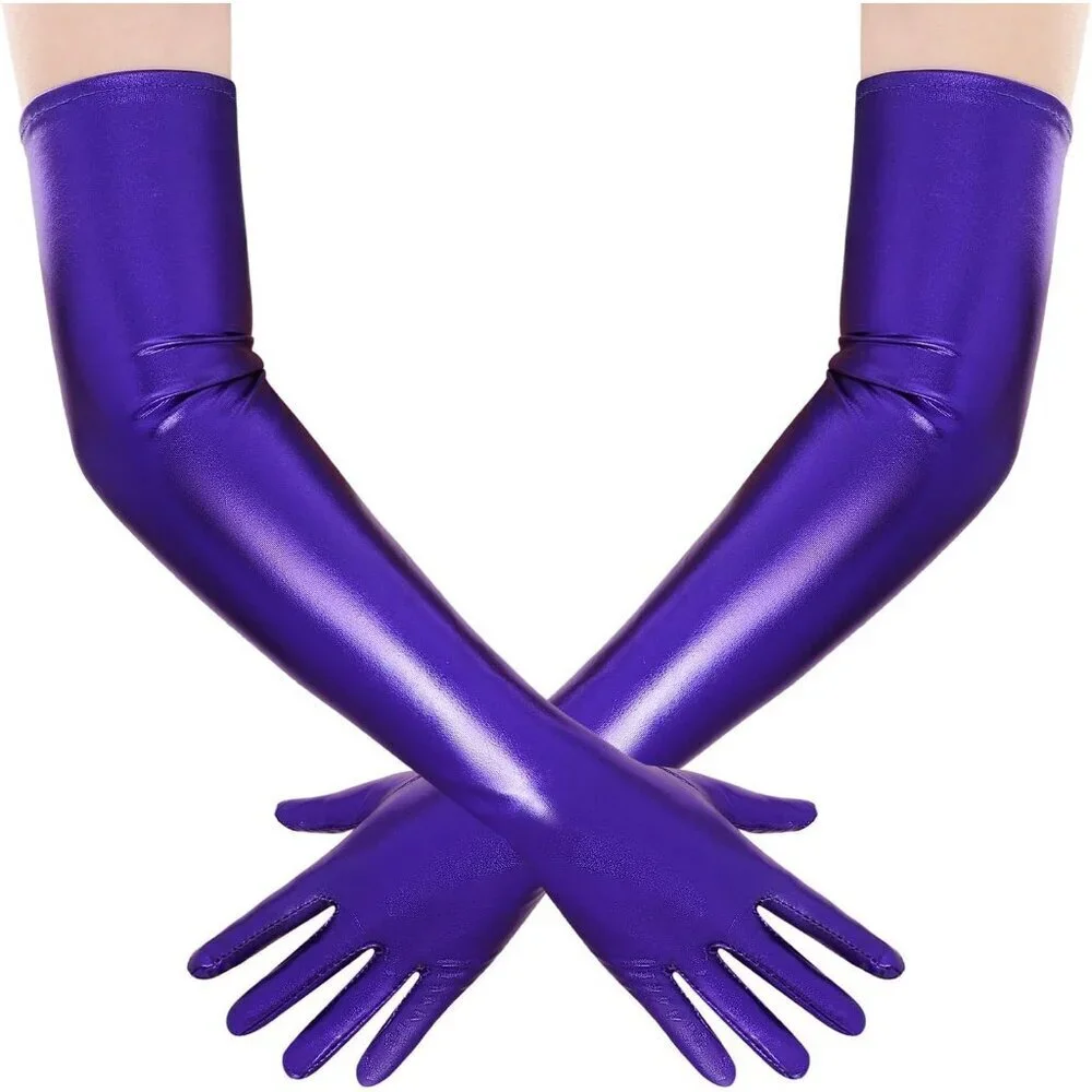 Women's Shiny Blue Metallic Wet Look Gloves Elbow Length Halloween Costumes